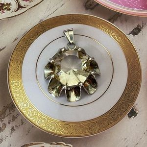 Large Silver Art Deco Pendant with Large Crystal